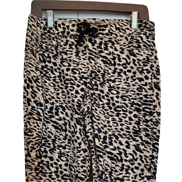 L.e.i Pants Womens Pull On Leopard Print Medium Black Tan Drawstring Wide Band - Picture 3 of 4